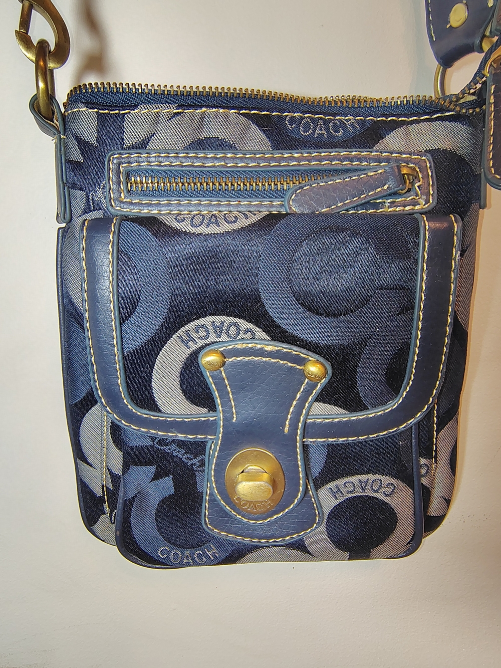 Vtg Coach 7022 Navy Blue Optic C Signature Mini Crossbody Bag Leather Trim EUC